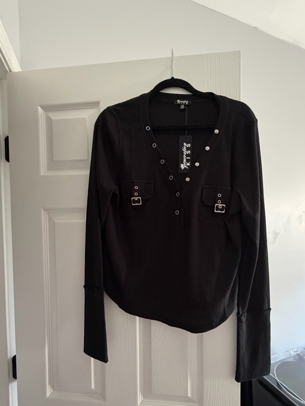 NWT Generation Kiss Black Long-Sleeve Henley Top